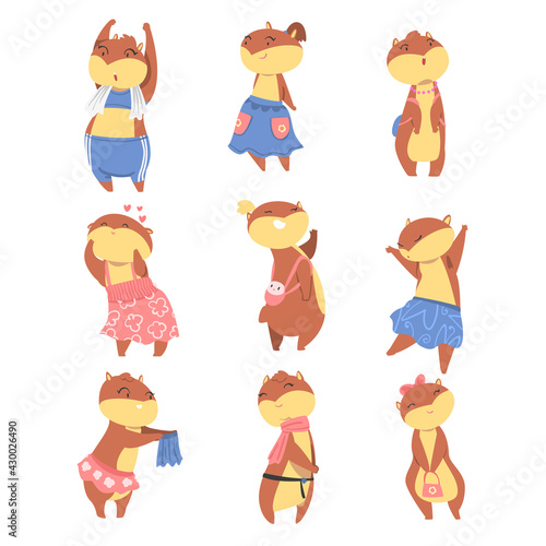 Cute Funny Hamster Girls Set, Adorable Animal Characters in Action Cartoon Vector Illustration