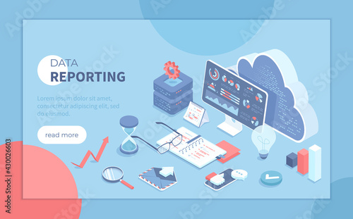 Data reporting, analysis, analytics, auditing. Data monitoring and marketing. Graphs and charts on the monitor screen. Isometric vector illustration for banner, website.