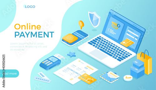 Online Payment. Paying bill, invoice. Сredit card transaction, money transfer with laptop. Shopping online, e-commerce market. Isometric vector illustration for website.