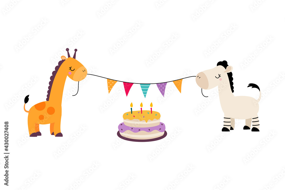 Fototapeta premium Happy Birthday Concept, Cute Giraffe and Zebra Holding Party Flags Celebrating Holiday Cartoon Vector Illustration