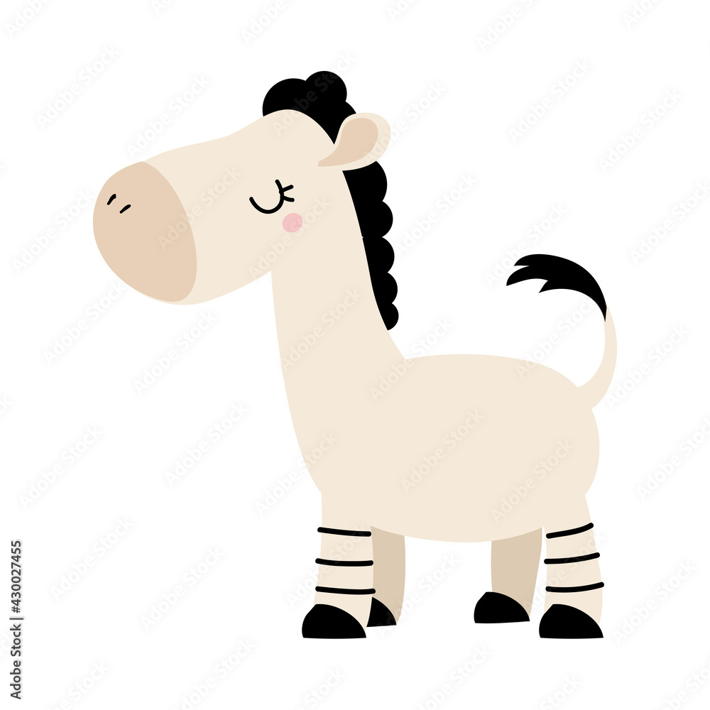 Fototapeta premium Side View of Cute Zebra, Adorable Baby Animal Character Cartoon Vector Illustration