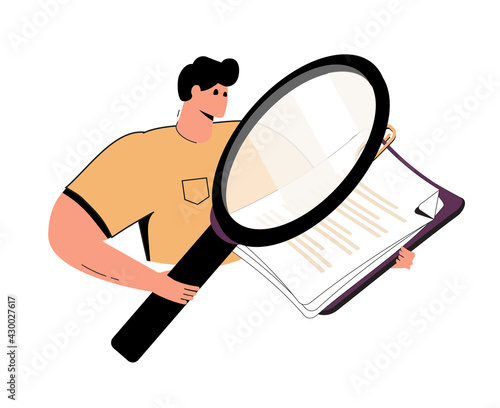 Outline cartoon man with a loupe and report making research, he looking for something in the document. Marketing, audit.
