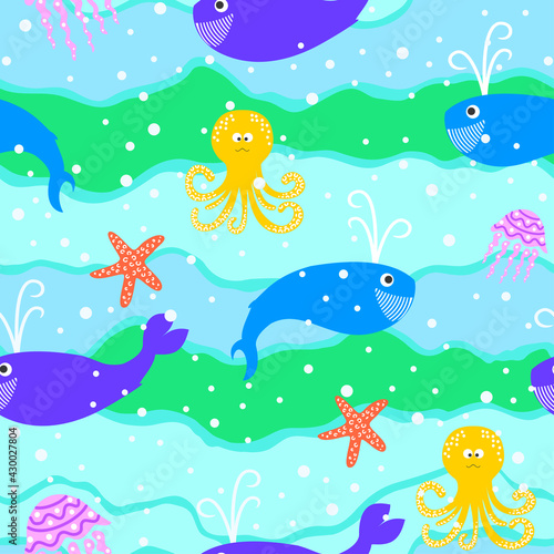 Seamless cartoon pattern with sea inhabitants - whale, octopus, starfish, jellyfish on blue background waves. Vector