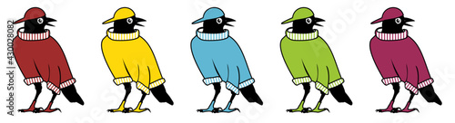 A raven dressed in a jumper and a red cap
