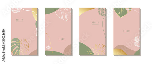 A set of elegant abstract versatile trendy background templates. Luxurious modern composition with gold elements and Monstera leaves for organic design, covers, packaging, cards. Vector illustration.