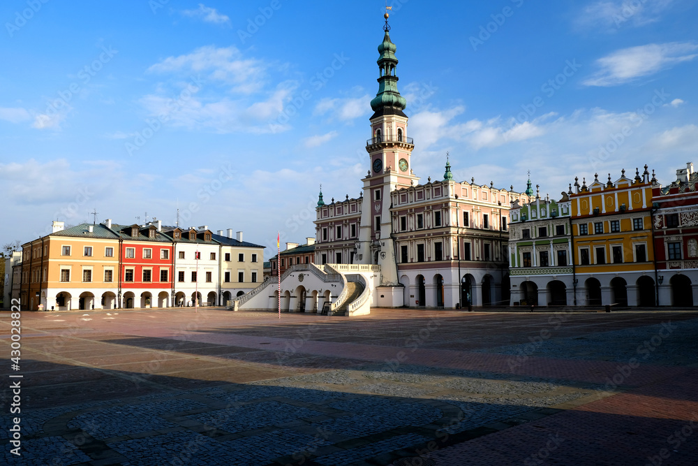 Town hall on Great Market Square, Zamosc, Poland.