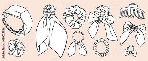 Bundle of different vector hair accessories like scrunchies, hair band and hair ties with white background.