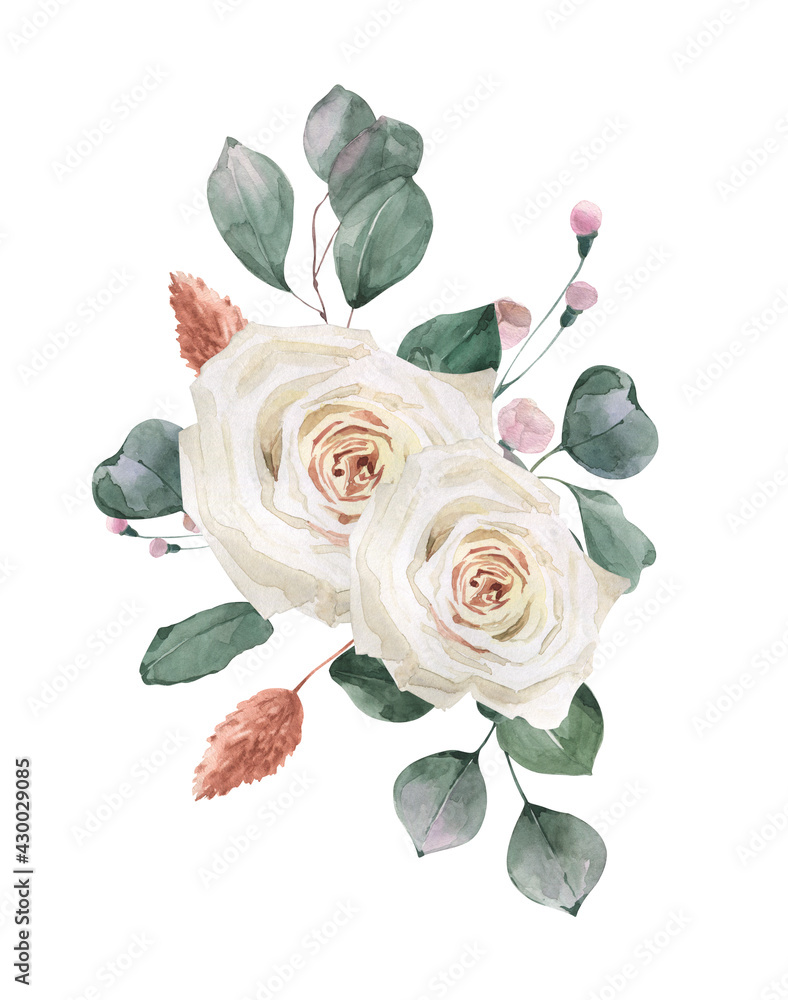 Fototapeta premium Watercolor hand drawn white rose and eucalyptus bouquet.
