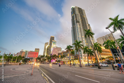 MIAMI, FL - FEBRUARY 27, 2016: Night lights of Downtown Miami skyline from Bayfront Park