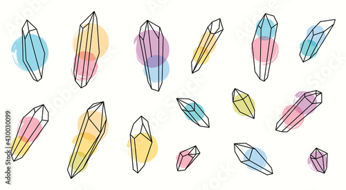Set of vector magic colored healing crystals. Line art and watercolors. © Benny Koha