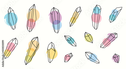 Set of vector magic colored healing crystals. Line art and watercolors.