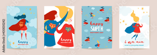 Mothers Day Greeting Cards with Super Mom. Superhero Mother Character in Red Cape Design Template