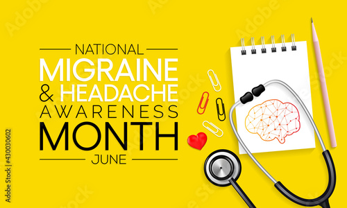 National Migraine and headache awareness month is observed every year in June. it is usually a moderate or severe headache felt as a throbbing pain on one side of the head. Vector illustration.