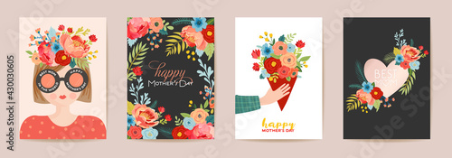 Mothers Day Beautiful Greeting Card Set. Spring Happy Mother Day Holiday Banner with Flowers