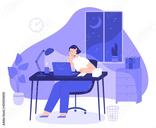 Woman work late at night. Tired female freelancer busy at computer overnight in home office with desk. Employee overtime work vector concept