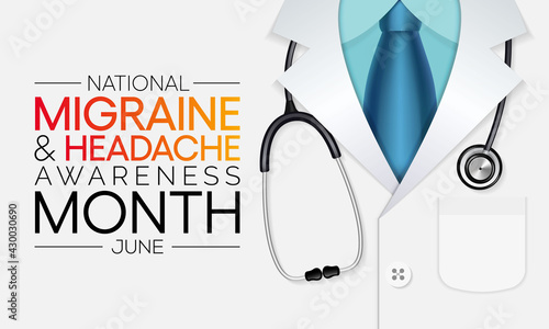 National Migraine and headache awareness month is observed every year in June. it is usually a moderate or severe headache felt as a throbbing pain on one side of the head. Vector illustration.
