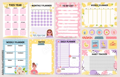 Planner notebook. Decorated daily, monthly and weekly plan template. To do list, schedule and habit tracker. Organizer note pages vector set