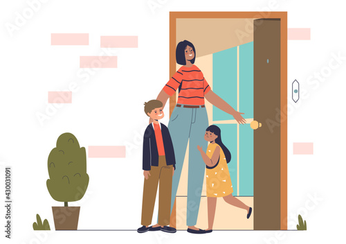 Happy kids meeting mom at front door at home after trip or work outdoors. Children welcome mother