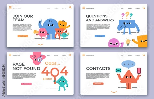 Landing web pages. Join our team, hiring, QA online support service, 404 error and contact website page with abstract characters vector set