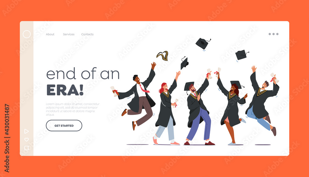 Finish University Education Landing Page Template. Group of Characters in Graduation Gowns and Caps Rejoice, Jumping