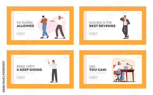 Male Characters Losers Landing Page Template Set. Businessman Deleted Important Data from Computer, Hater Laughing
