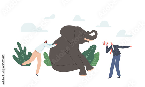 Leadership, Career or Corporate Challenge. Powerful Business Woman Pushing Huge Elephant, Business Man with Megaphone