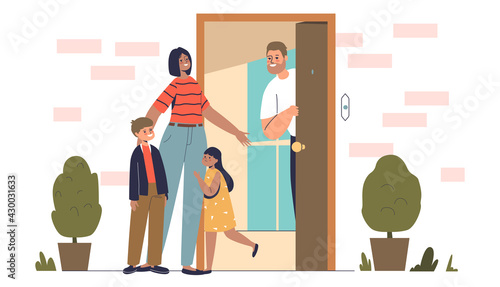 Family welcome mother at home. Happy kids and dad meeting mom at front door after work