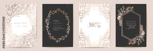 Mothers day gold line contour greeting set. Golden luxury floral template. Vector foliage design for Mother party