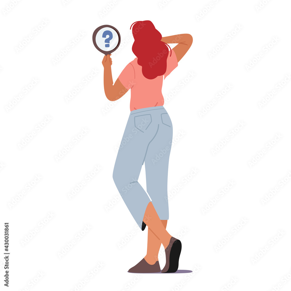 Self Anger, Loathing, Low Esteem Concept. Unhappy Female Character Look on herself in Mirror with Question Mark Self Anger, Loathing, Low Esteem Concept. Unhappy Female Character Look on herself in Mirror with Question Mark