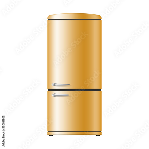 Realistic yellow refrigerator. Modern fridge for kitchen interior in retro style isolated