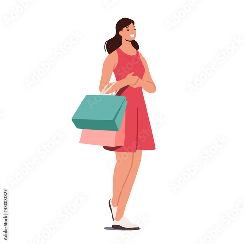 Cheerful Shopper Girl with Purchases in Colorful Paper Bags. Happy Woman Use Personal Fashion Stylist Service, Shopping