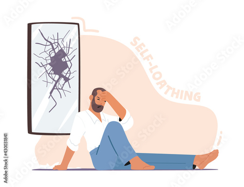Self Loathing and Anger. Depressed Unhappy Man Sit on Floor with Broken Head near Cracked Mirror. Mind Health Problem