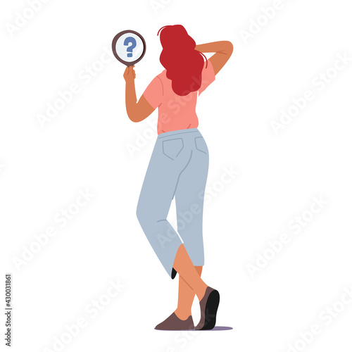 Self Anger, Loathing, Low Esteem Concept. Unhappy Female Character Look on herself in Mirror with Question Mark