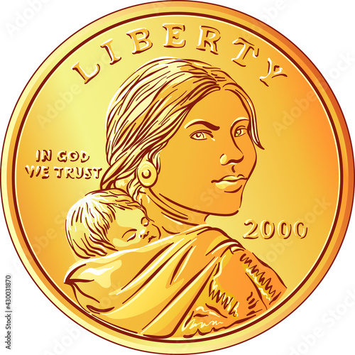 American money Sacagawea dollar, golden dollar coin, Sacagawea and her child on obverse