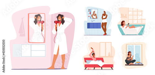 Set Women Daily Routine Concept. Young Female Characters Morning Hygiene Procedures Brushing Teeth, Taking Bath