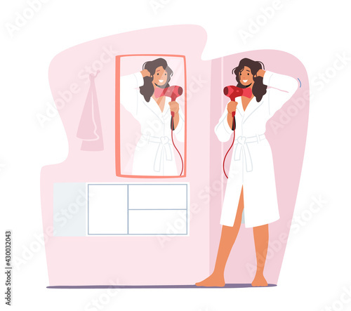 Every Day Routine Concept. Morning Hygiene Procedure in Bathroom. Young Adorable Woman Stand in front of Mirror