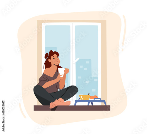 Girl Breakfast, Home Relaxation. Young Woman Sitting on Windowsill with Cup, Drinking Coffee with Fruits at Morning