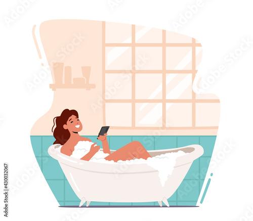 Young Woman Relaxing in Bathtub with Smartphone in Hands. Happy Female Character Hygiene and Beauty Procedure