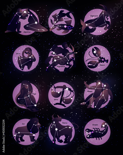 Zodiac symbols and constellations on space background. Beautiful horoscope signs with purple gradient.