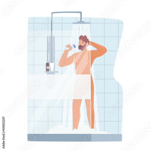 Man Singing in Shower, Naked Happy Character Bathing Hygiene Washing Procedure Imagine himself as Singer with Bottle