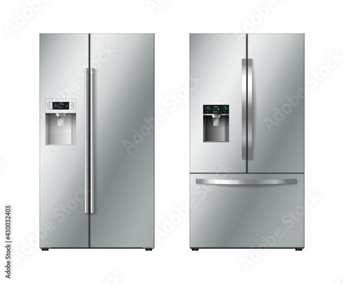 Realistic refrigerator with double doors set. Modern two chambered fridge appliance