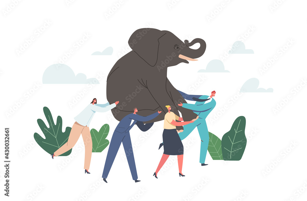 Teamwork and Leadership Concept. Business Power Team Holding Huge Elephant on Hands, Challenge, Success in Career Teamwork and Leadership Concept. Business Power Team Holding Huge Elephant on Hands, Challenge, Success in Career