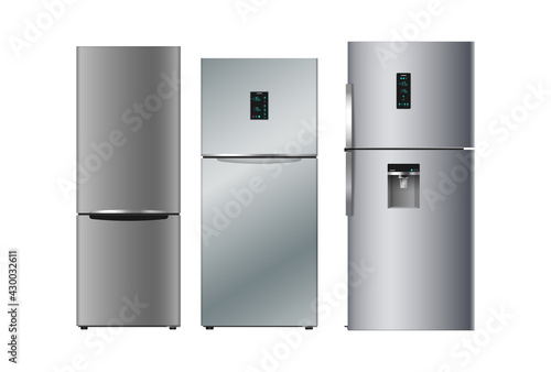 Set of realistic silver fridges for modern kitchen. 3d detailed refrigerators collection