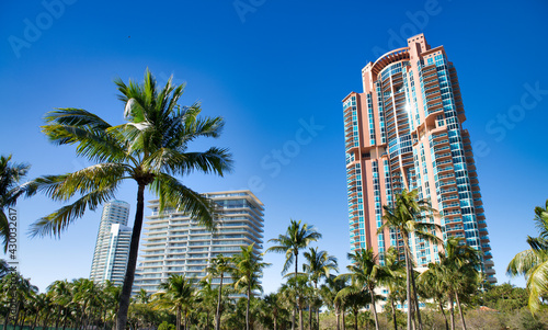 Miami Beach skyscrapers with blue sky from South Pointe Park, Florida