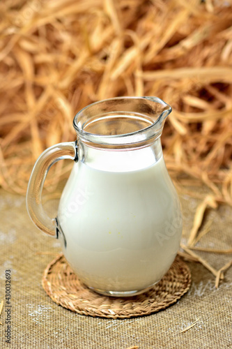 Healthy fresh cow milk in a transparent glass jug. Dry straw and hay as decoration in the background. Close-up. Vertical photo