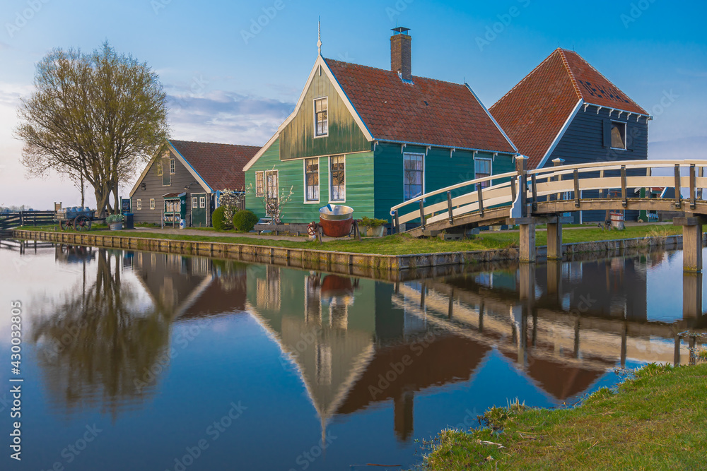 Houses of Zaanse Schanse village in Netherlands. at evening view.