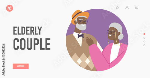 Elderly African Couple Landing Page Template. Senior Married Old Characters Hold Hands Stand Togethe. Old Man and Woman