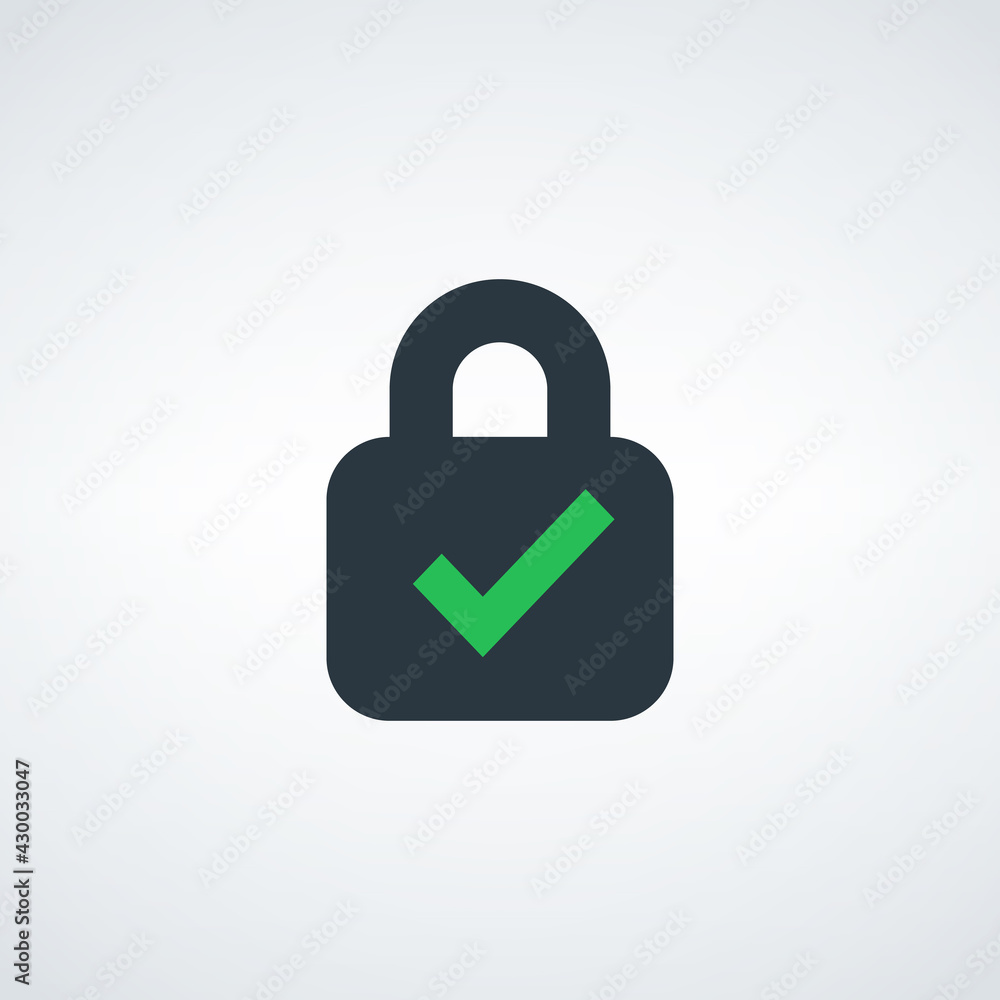 Padlock flat vector icon with checkmark. lock security icon. Protection privacy sign. Stock Vector illustration isolated on white background. Padlock flat vector icon with checkmark. lock security icon. Protection privacy sign. Stock Vector illustration isolated on white background.