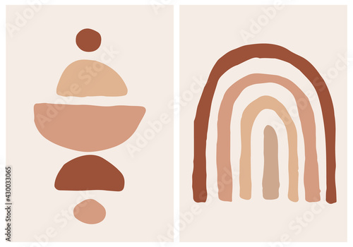 Bohemian Style Modern Wall Decor with Abstract Shapes. Vector Illustration Set in Soft Earth Colors. Design Elements Ideal for Poster, Card, Textile Print and Other.