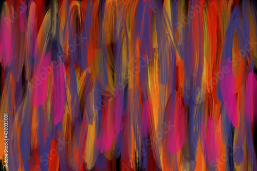 An abstract digital painting created with overlapping multicolored vertical paint strokes.